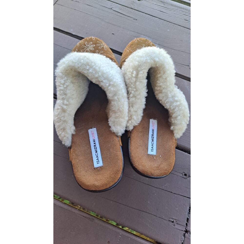 Isaac Mizrahi Tan Size 8M Women's Leather Genuine Shearling Oak Slip-On Mule - Picture 2 of 6